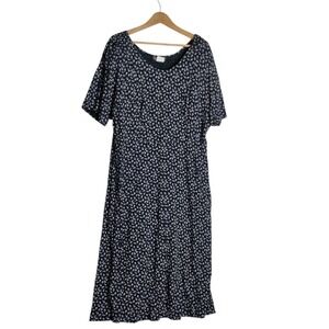 More Jazz Vintage Floral Midi Dress Navy Blue Rayon Short Sleeve Made in USA